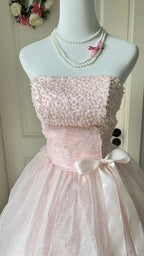 Princess Pink Strapless Bow Sequined Tulle Ball Gown Prom Dress Sweet 16 Dress