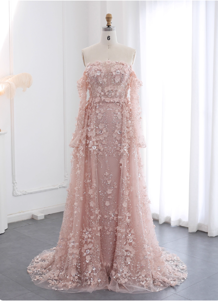 Princess Pink Train Off-The-Shoulder 3D Floral Tulle Formal Prom Dress Secondary image