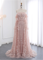 Princess Pink Train Off-The-Shoulder 3D Floral Tulle Formal Prom Dress