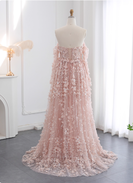 Princess Pink Train Off-The-Shoulder 3D Floral Tulle Formal Prom Dress