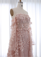 Princess Pink Train Off-The-Shoulder 3D Floral Tulle Formal Prom Dress