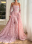 Princess Pink Train Off-The-Shoulder 3D Floral Tulle Formal Prom Dress