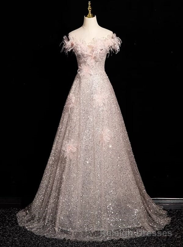 Princess Pink Tulle Off the Shoulder 3D Flower Prom Dress Main image