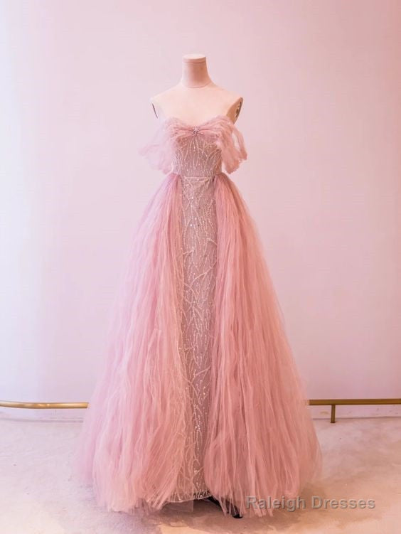 Princess Pink Tulle Prom Dresses Sequin Evening Dress Main image