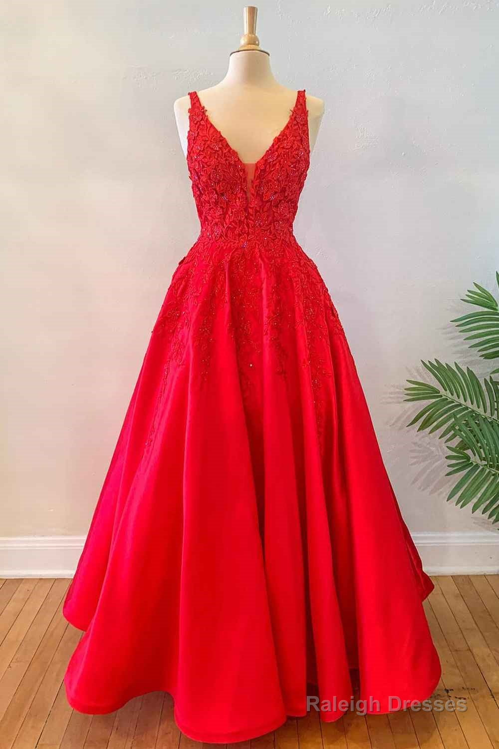 Princess Red Floral A-Line Satin Long Formal Dress Main image