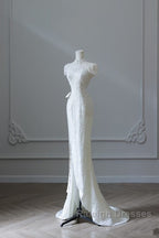 Princess Sheath High Neckline White Sequin Long Wedding Dresses Brides Dress