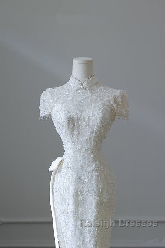 Princess Sheath High Neckline White Sequin Long Wedding Dresses Brides Dress