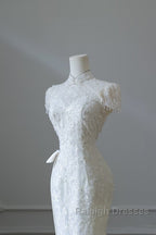 Princess Sheath High Neckline White Sequin Long Wedding Dresses Brides Dress