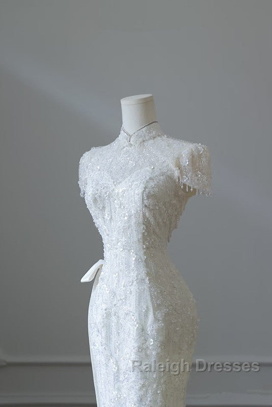 Princess Sheath High Neckline White Sequin Long Wedding Dress Brides Dresses