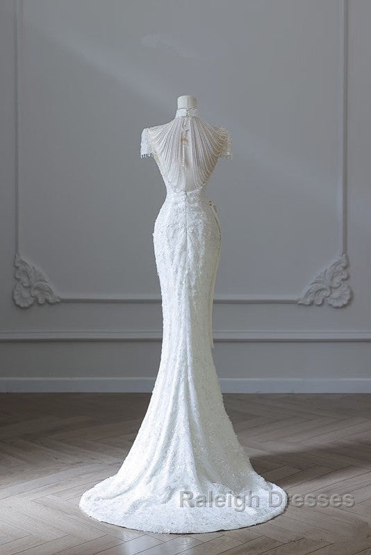 Princess Sheath High Neckline White Sequin Long Wedding Dress Brides Dresses