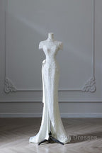 Princess Sheath High Neckline White Sequin Long Wedding Dresses Brides Dress