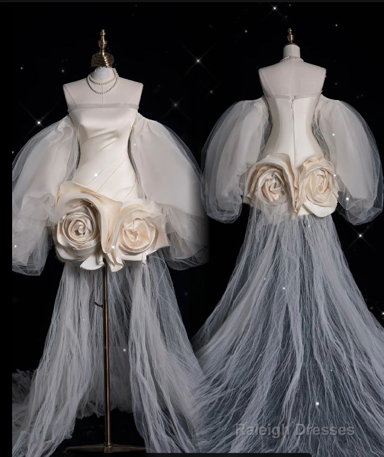 Princess Sheath Off The Shoulder Satin Ivory Short Wedding Dresses