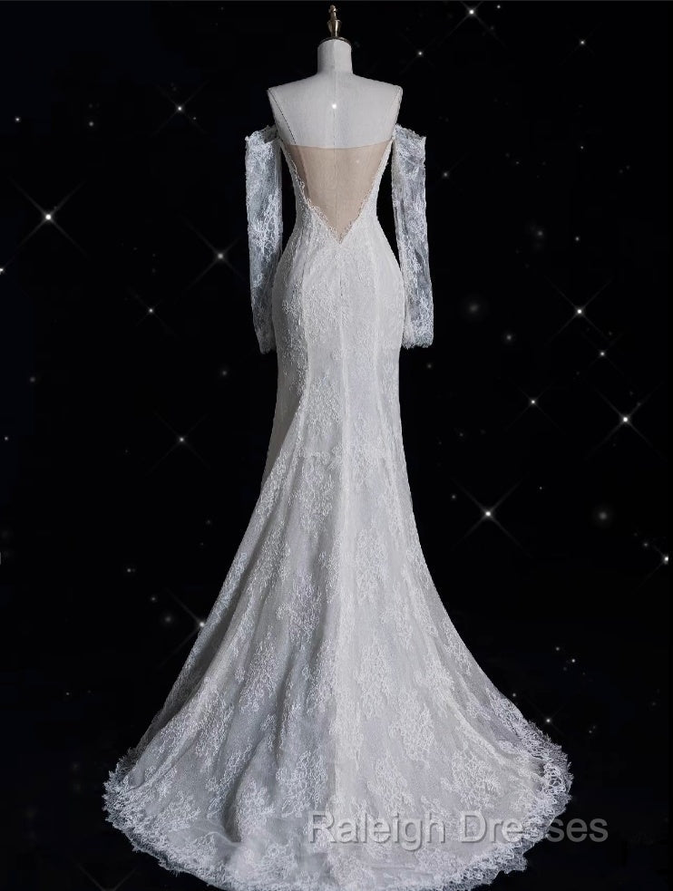 Princess Sheath Off The Shoulder White Lace Long Wedding Dress Brides Dresses