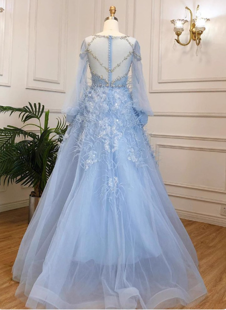 Princess Sky Blue Long Crew Neck Feather Sparkling Diamond Tulle Formal Prom Dress Secondary image