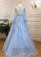 Princess Sky Blue Long Crew Neck Feather Sparkling Diamond Tulle Formal Prom Dress