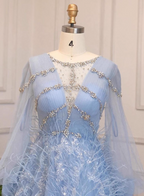 Princess Sky Blue Long Crew Neck Feather Sparkling Diamond Tulle Formal Prom Dress