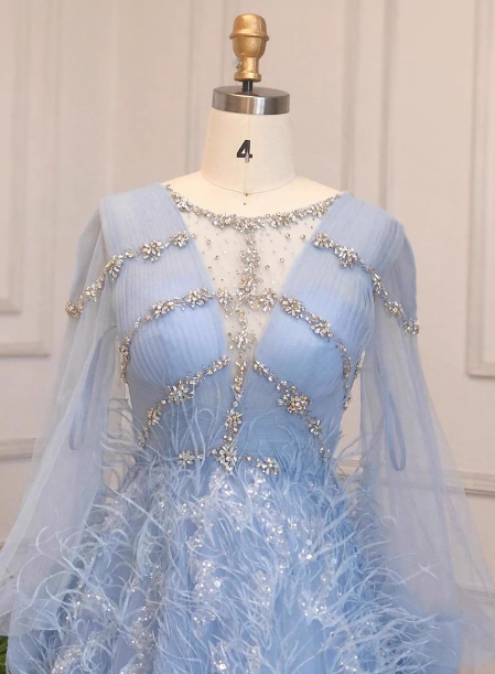 Princess Sky Blue Long Crew Neck Feather Sparkling Diamond Tulle Formal Prom Dress
