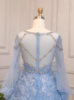 Princess Sky Blue Long Crew Neck Feather Sparkling Diamond Tulle Formal Prom Dress