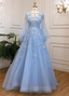 Princess Sky Blue Long Crew Neck Feather Sparkling Diamond Tulle Formal Prom Dress