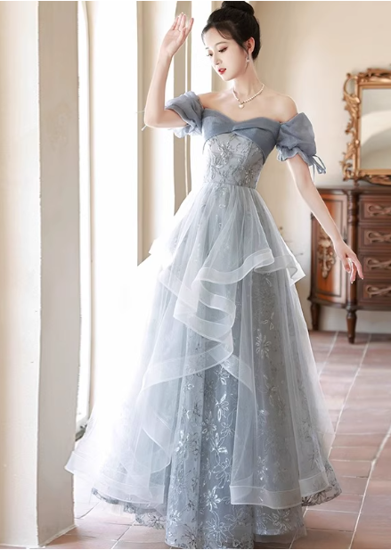 Princess Slate Blue A-Line Puff Sleeve Embroidered Tulle Long Formal Prom Dress