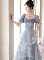 Princess Slate Blue A-Line Puff Sleeve Embroidered Tulle Long Formal Prom Dress