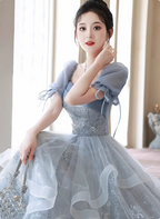 Princess Slate Blue A-Line Puff Sleeve Embroidered Tulle Long Formal Prom Dress