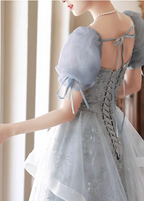 Princess Slate Blue A-Line Puff Sleeve Embroidered Tulle Long Formal Prom Dress