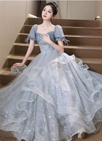 Princess Slate Blue A-Line Puff Sleeve Embroidered Tulle Long Formal Prom Dress