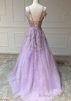 Princess Spaghetti Straps Floor-Length Tulle Prom Dress With Beading Appliqued