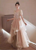 Princess Sweet Champagne Nude A-Line Puff Short Sleeve Layered Tulle Long Formal Prom Dress