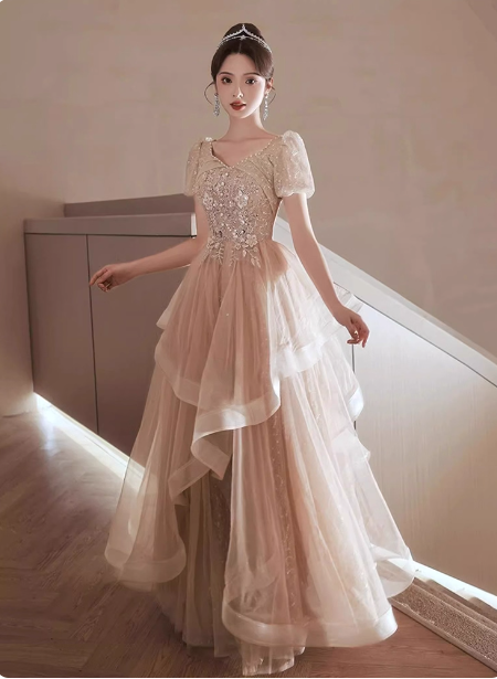 Princess Sweet Champagne Nude A-Line Puff Short Sleeve Layered Tulle Long Formal Prom Dress