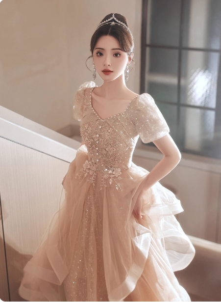 Princess Sweet Champagne Nude A-Line Puff Short Sleeve Layered Tulle Long Formal Prom Dress