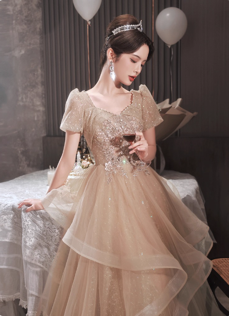 Princess Sweet Champagne Nude A-Line Puff Short Sleeve Layered Tulle Long Formal Prom Dress