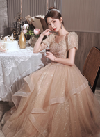 Princess Sweet Champagne Nude A-Line Puff Short Sleeve Layered Tulle Long Formal Prom Dress