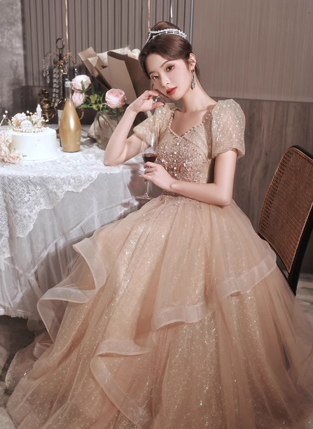 Princess Sweet Champagne Nude A-Line Puff Short Sleeve Layered Tulle Long Formal Prom Dress