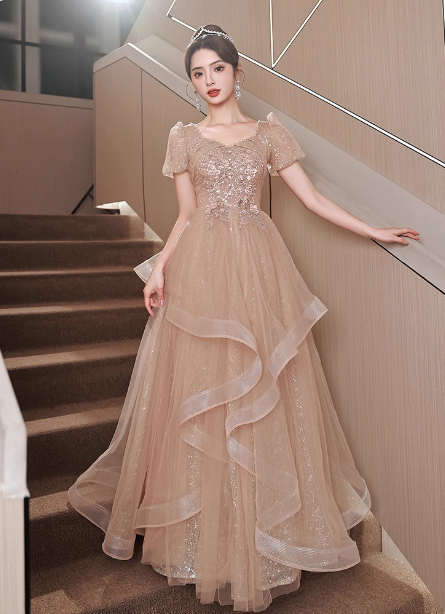 Princess Sweet Champagne Nude A-Line Puff Short Sleeve Layered Tulle Long Formal Prom Dress