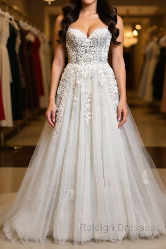 Princess Sweetheart Neck White Lace Prom Wedding Dresses, Ivory Lace Formal Dresses, White Evening Dresses Main image