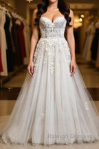 Princess Sweetheart Neck White Lace Prom Wedding Dresses, Ivory Lace Formal Dresses, White Evening Dresses