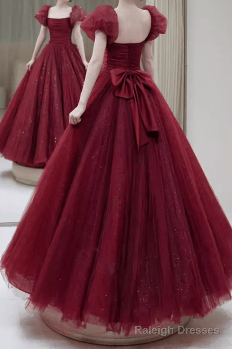 Princess Tulle Burgundy Long Prom Dresses Secondary image