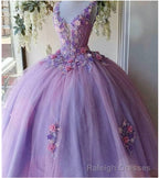 Princess Tulle Long Prom Dress with Flower,Ball Gowns Quinceanera Dresses
