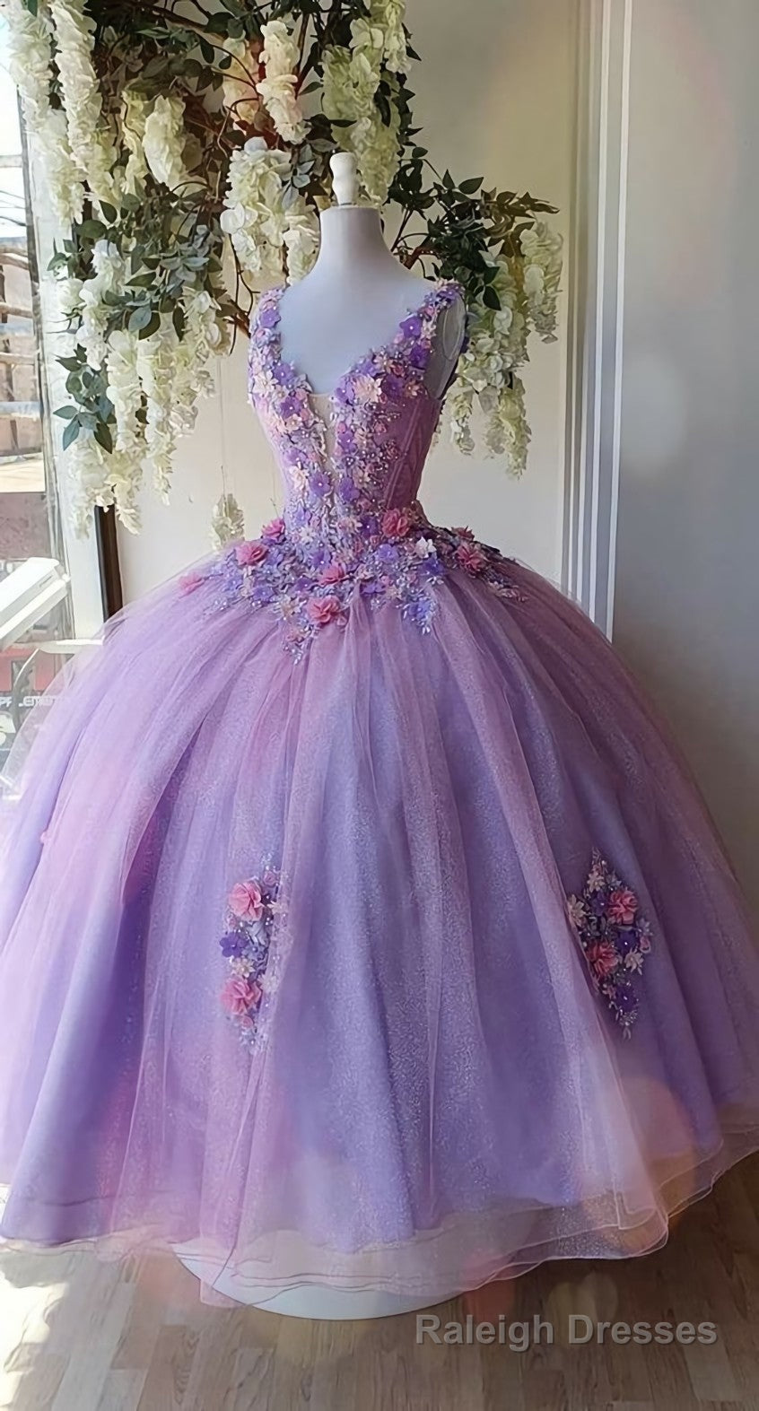 Princess Tulle Long Prom Dress with Flower,Ball Gowns Quinceanera Dresses Main image