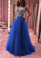 Princess V Neck Court Train Tulle Prom Dress With Appliqued Beading
