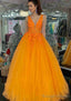 Princess V Neck Long Dress Floor Length Tulle Prom Dress With Appliqued