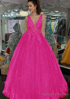 Princess V Neck Long/Floor-Length Tulle Prom Dresses With Appliqued