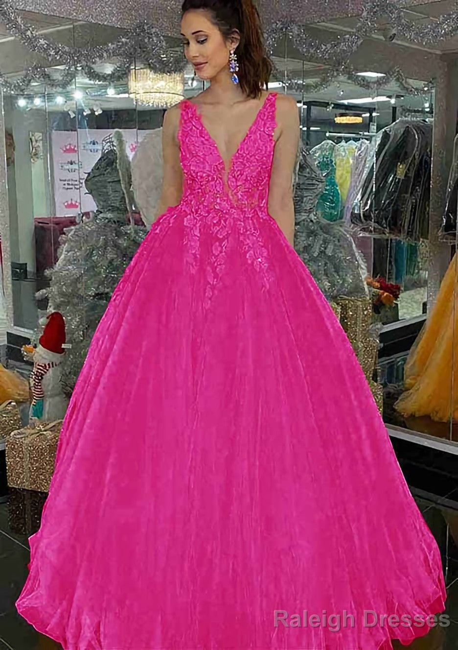Princess V Neck Long Dress Floor Length Tulle Prom Dress With Appliqued