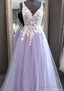 Princess V Neck Long Dress Floor Length Tulle Prom Dress With Appliqued Lace