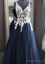 Princess V Neck Long Dress Floor Length Tulle Prom Dress With Appliqued Lace