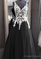 Princess V Neck Long Dress Floor Length Tulle Prom Dress With Appliqued Lace