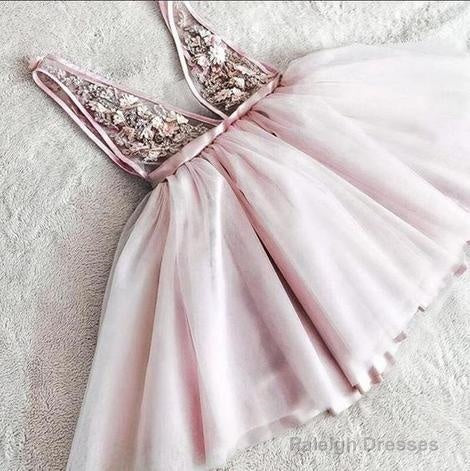 Princess V Neck Pink Appliques Short Homecoming Dress, Cute Party Gown