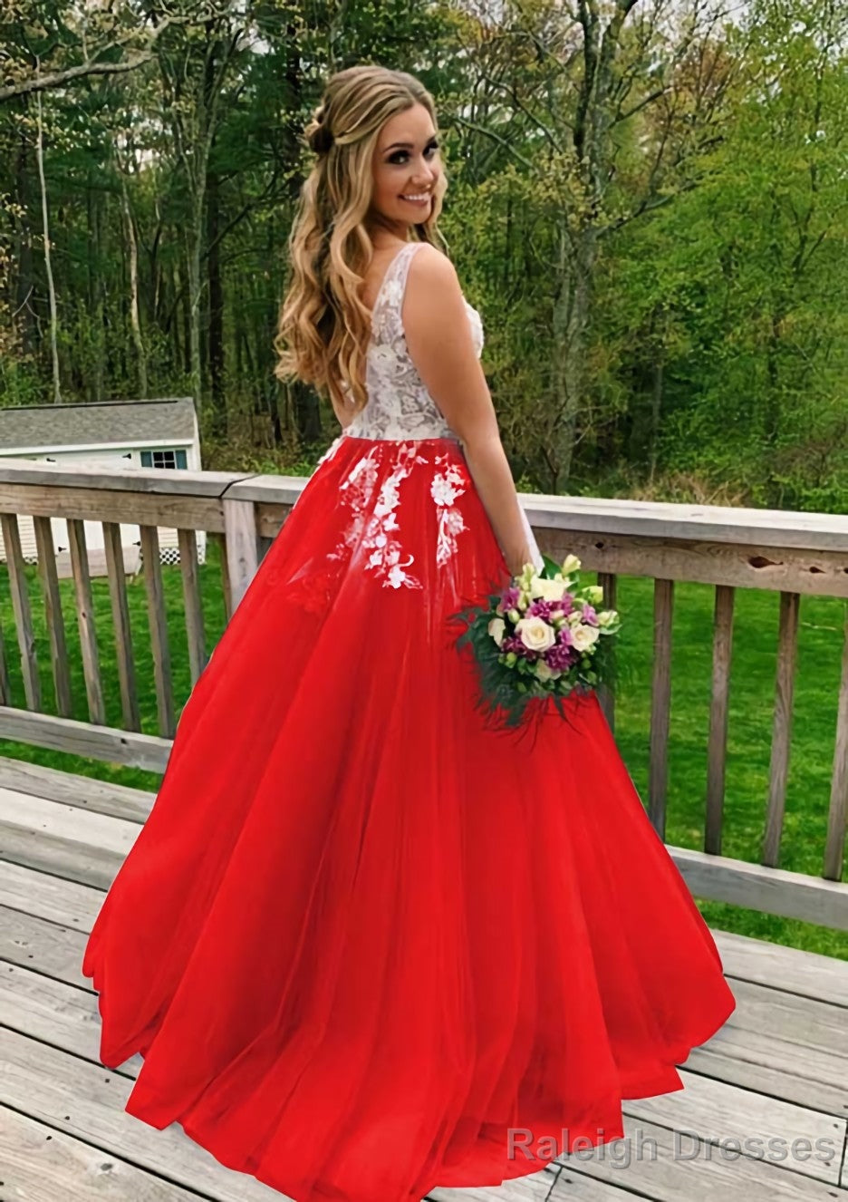 Princess V Neck Sweep Train Tulle Prom Dress With Appliqued